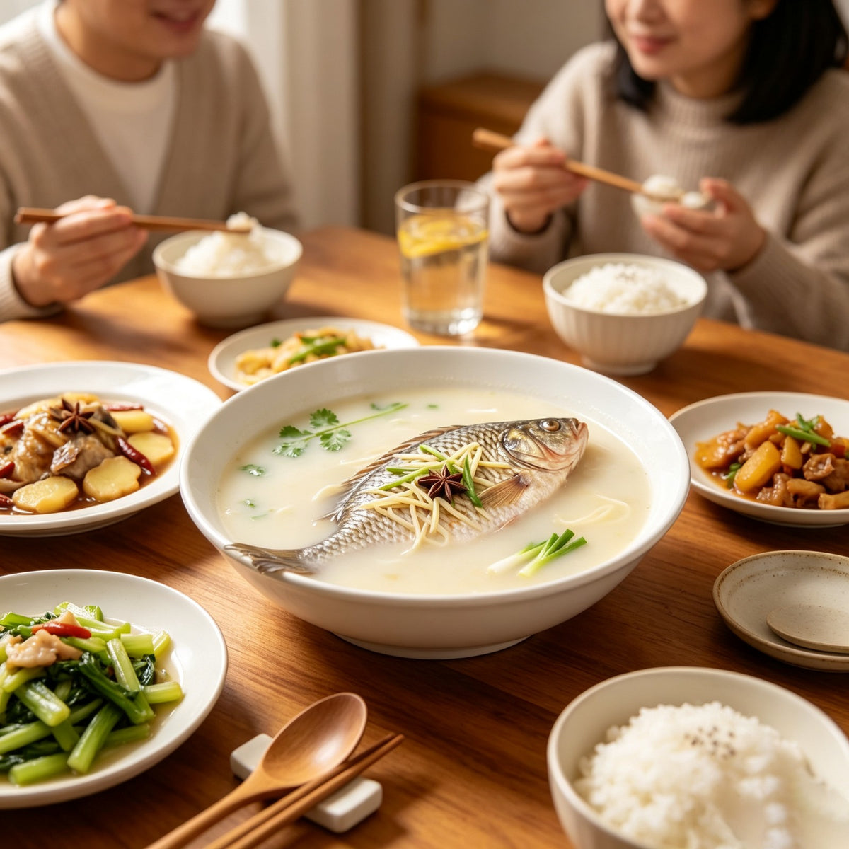 A bowl of milky-white crucian carp soup on a dining table