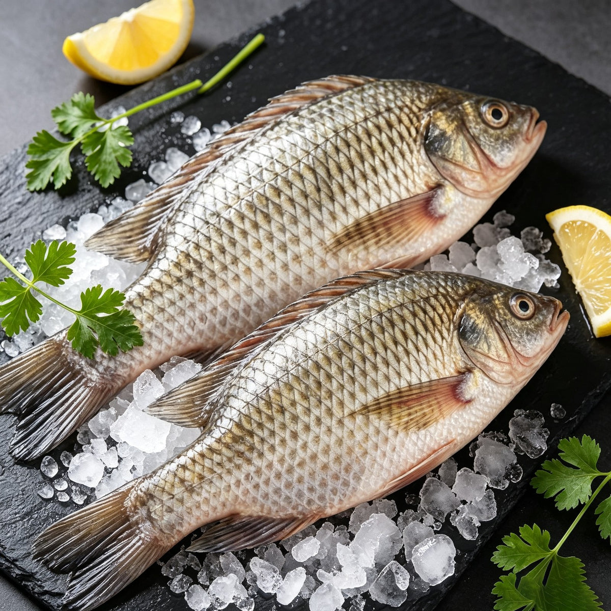 Two whole crucian carp laid on crushed ice with herbs and lemon
