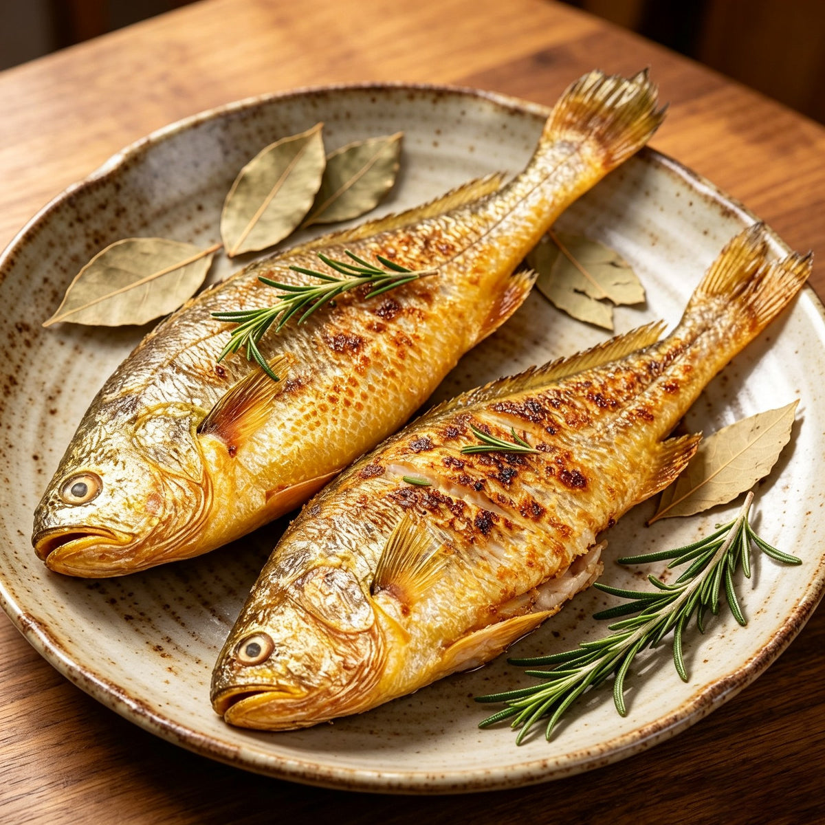 Two pan-fried yellow croakers on a plate with herbs and lemon
