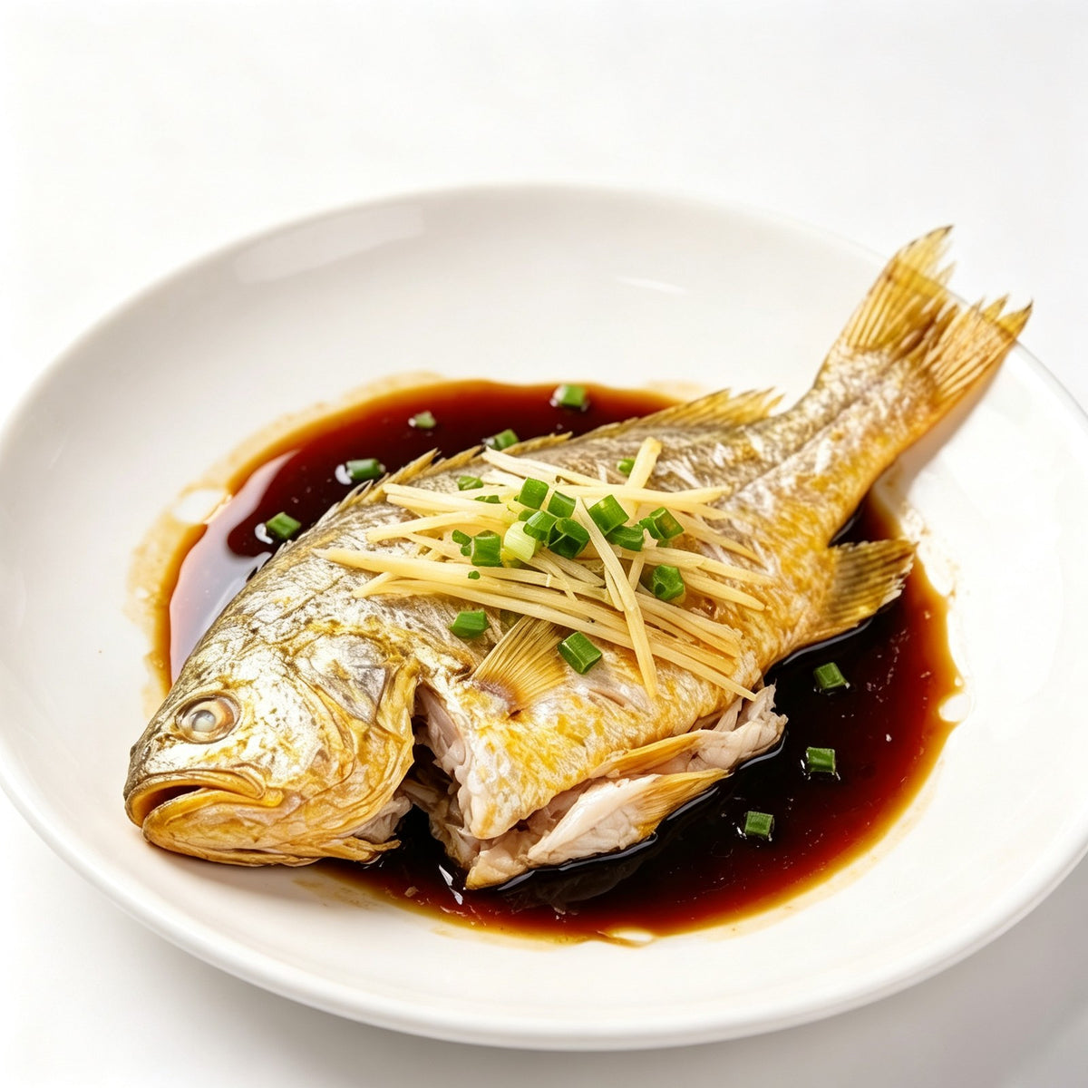 A whole yellow croaker braised in soy sauce on a white plate