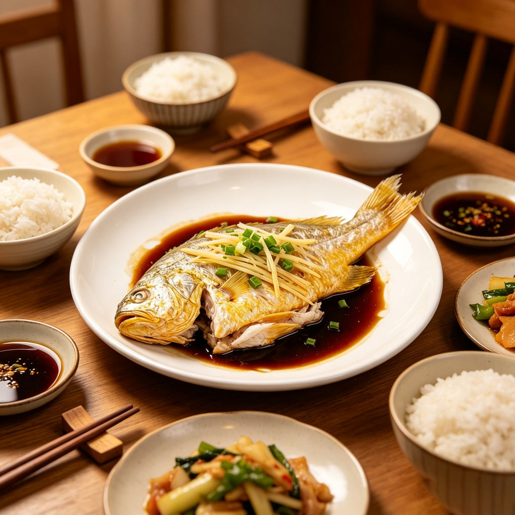A glazed yellow croaker plated with rice and side dishes on a dining table