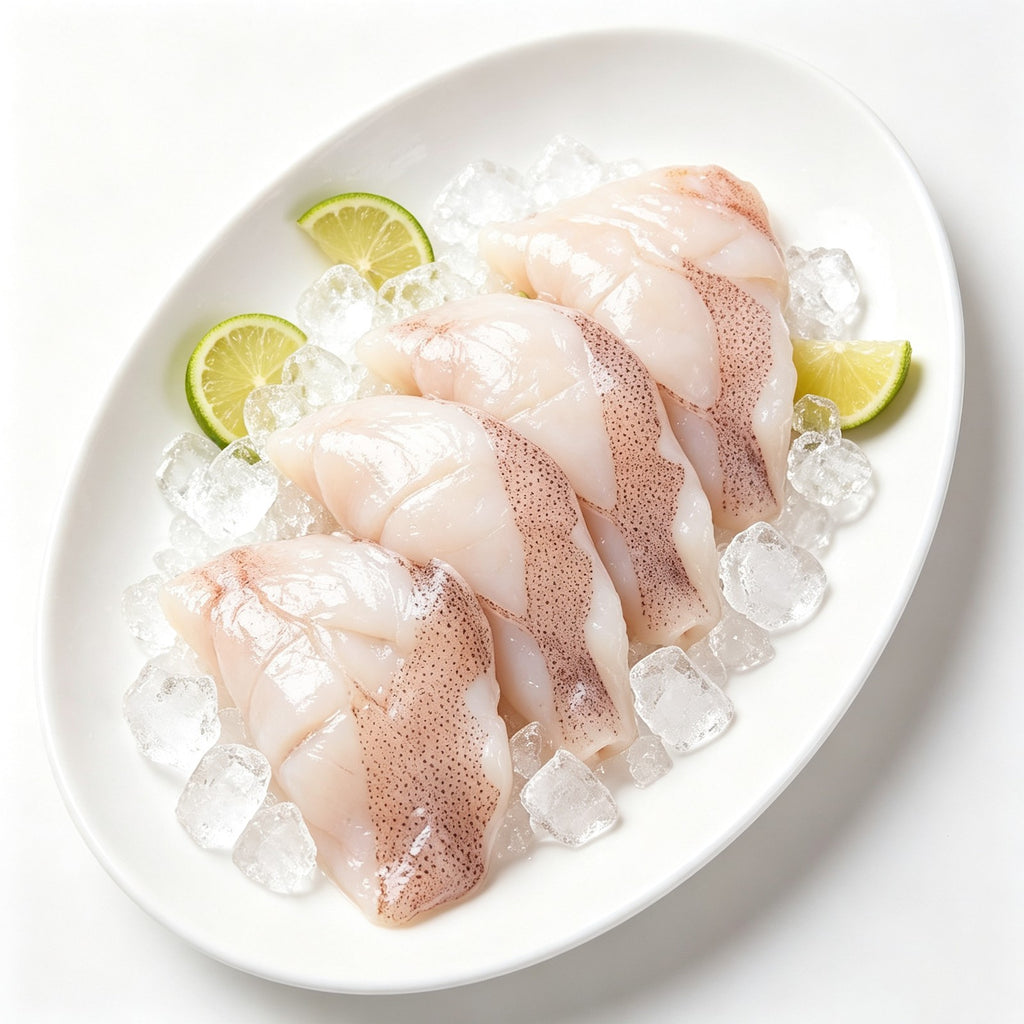 Cleaned baby cuttlefish on crushed ice in a white bowl with lime