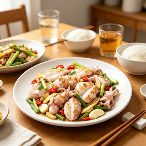 Stir-fried baby cuttlefish with peppers served in a white bowl
