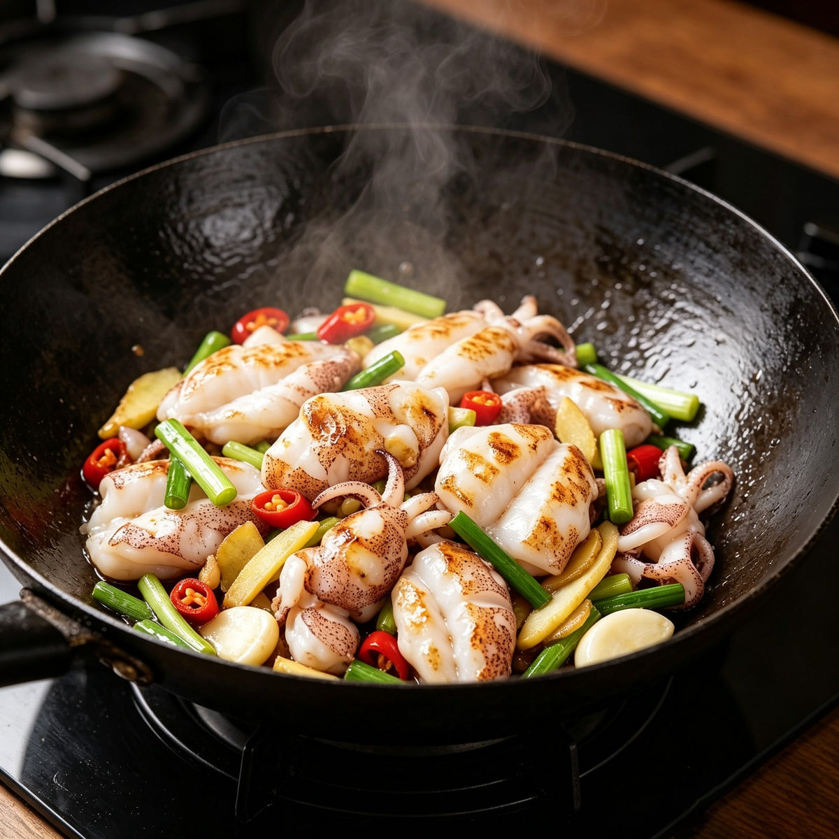 Baby cuttlefish tossed in a spicy wok with chilli and spring onion