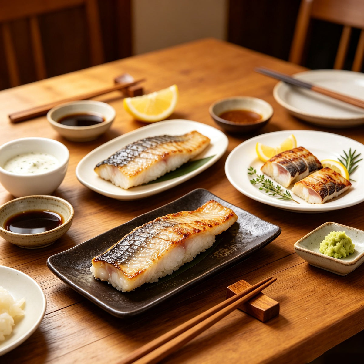 Sushi-style mackerel fillets on crushed ice with shiso and a pink flower