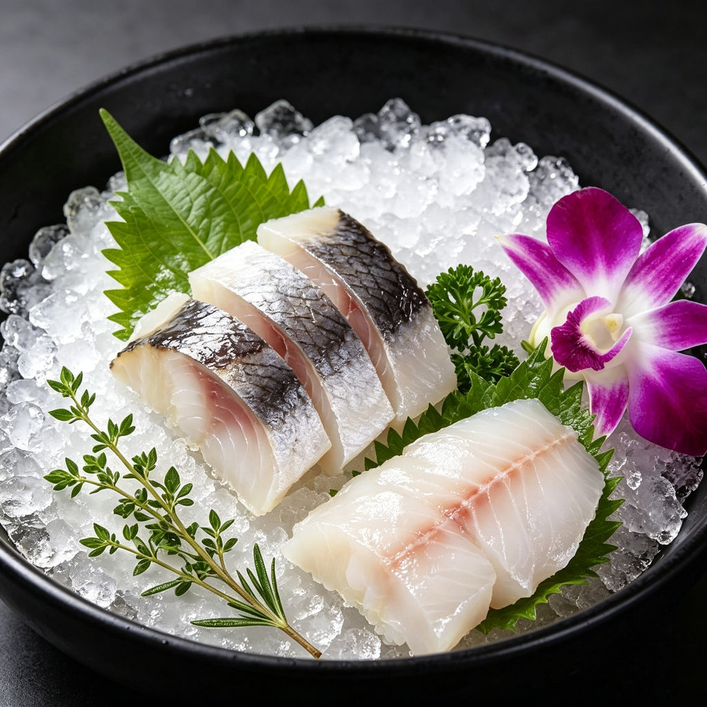 Grilled mackerel fillet plated with lemon and a small dish of sauce