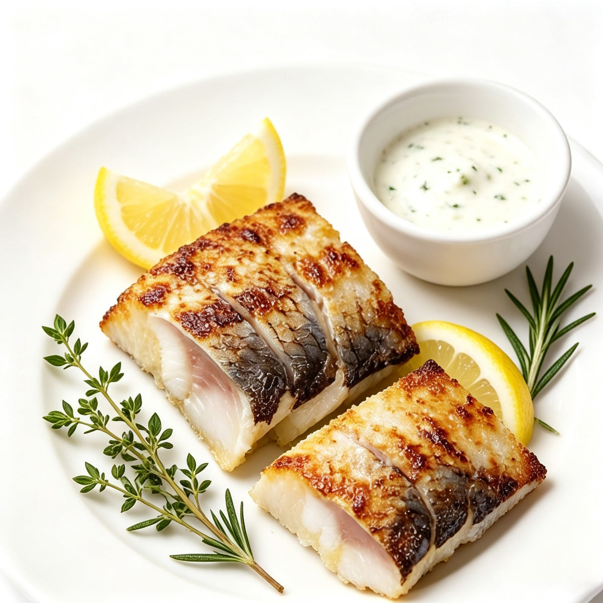 Seared mackerel fillets with crisp skin on a white plate with herbs