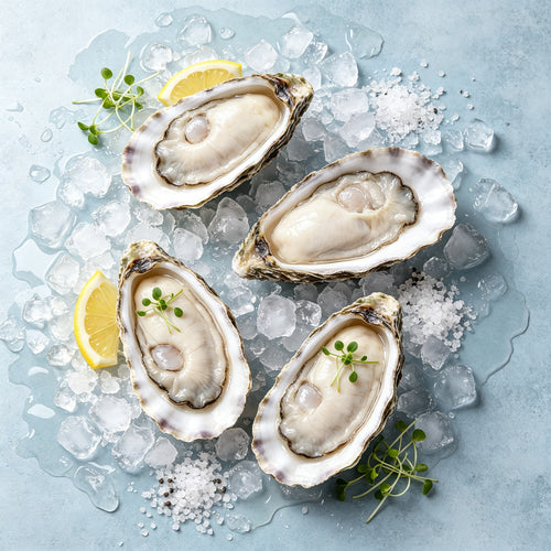 Half shell oysters on crushed ice with lemon wedges and herbs