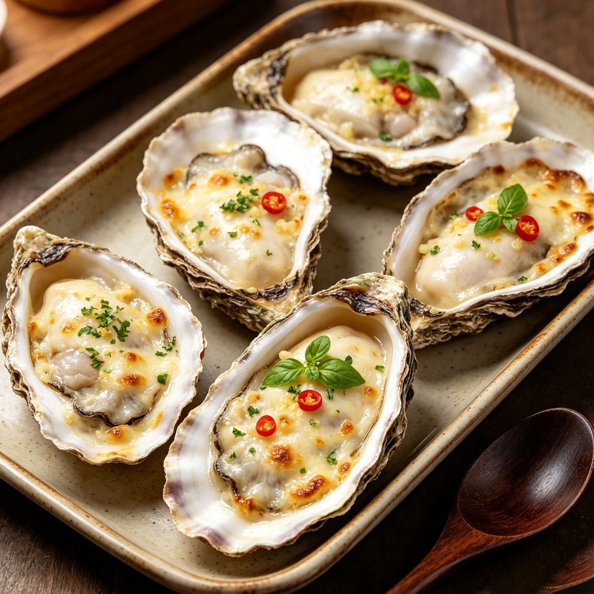 Grilled half shell oysters topped with garlic butter on a barbecue
