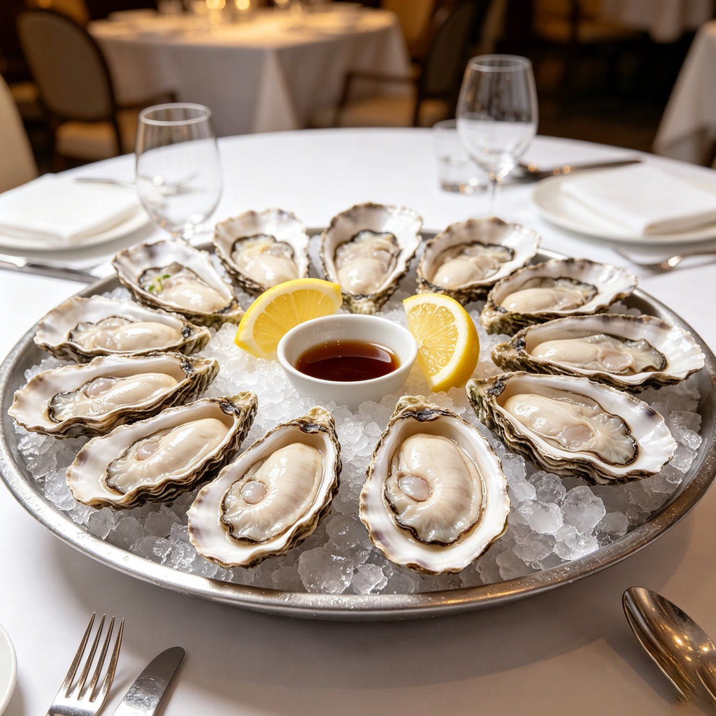 A platter of half shell oysters on ice with dipping sauces
