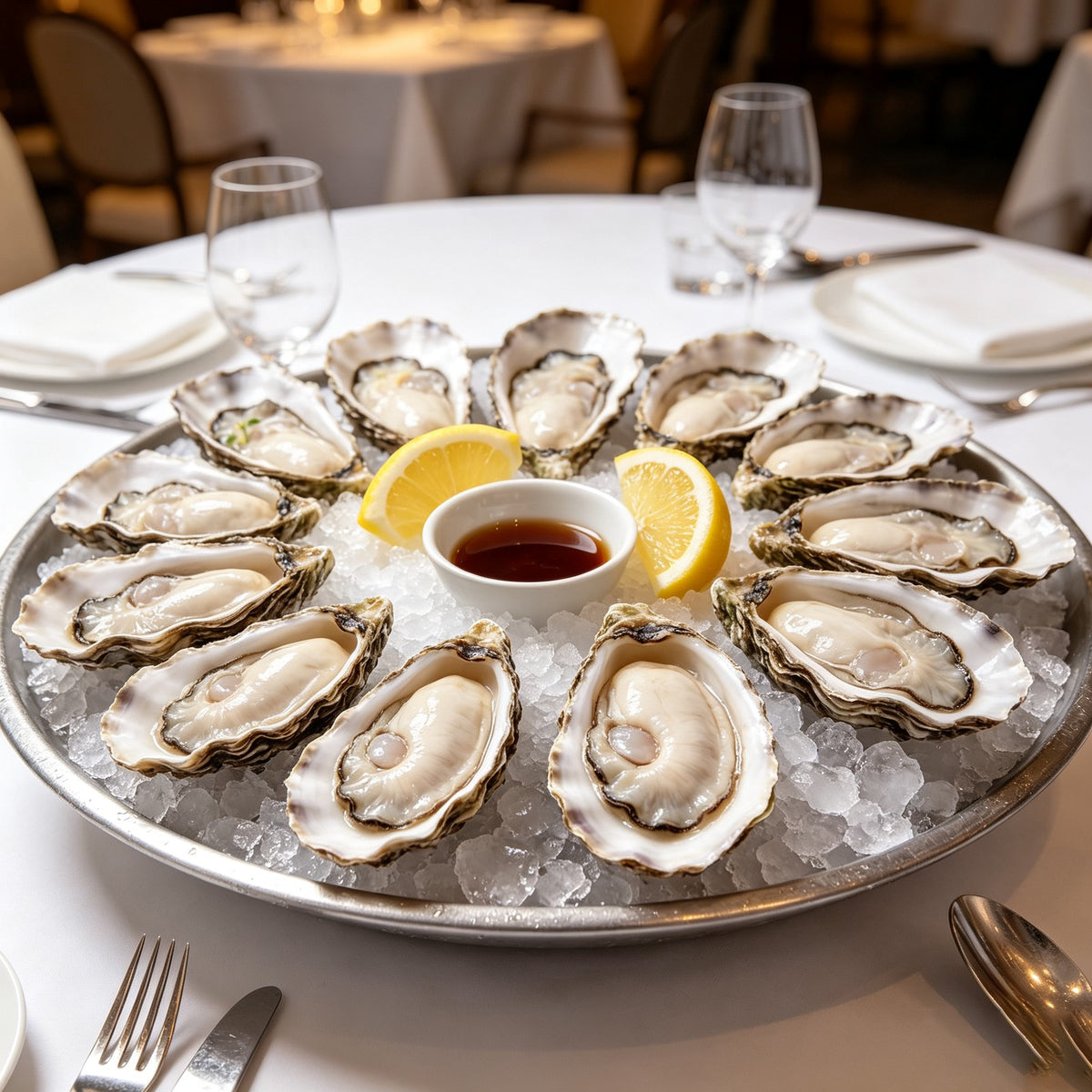 A platter of half shell oysters on ice with dipping sauces