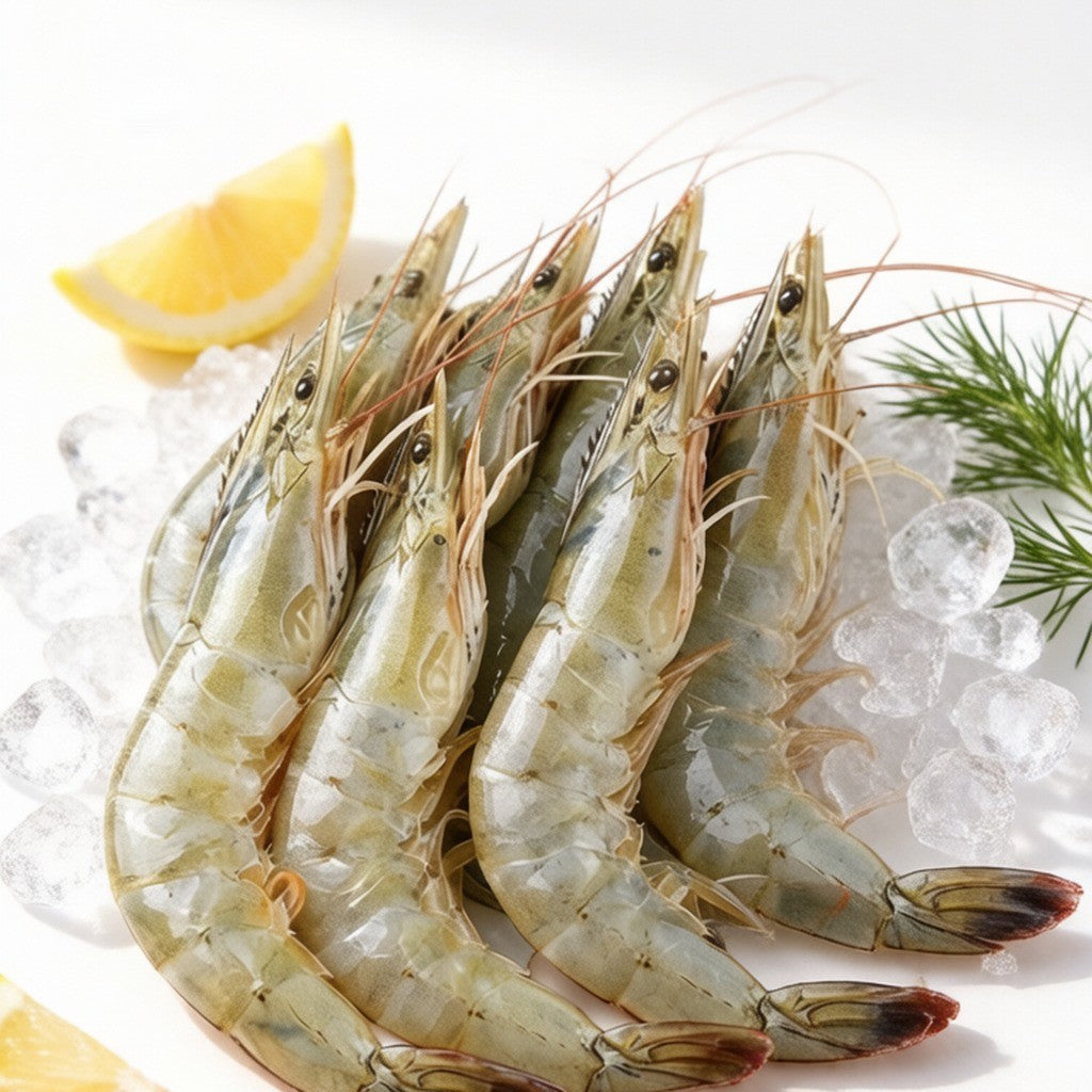 Raw whole white prawns laid on crushed ice with a lemon wedge
