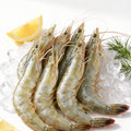 Raw whole white prawns laid on crushed ice with a lemon wedge