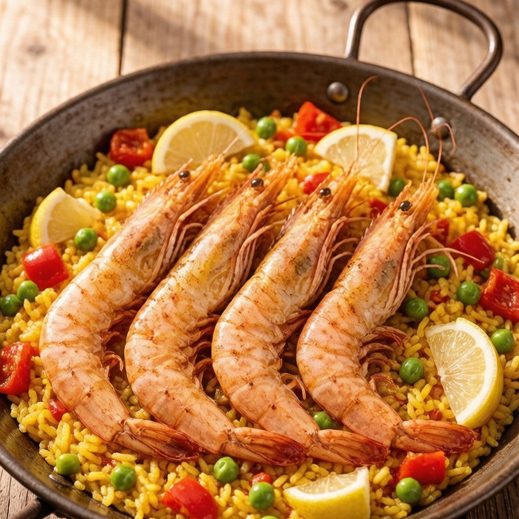 White prawns cooked into a saffron paella pan with lemon and herbs