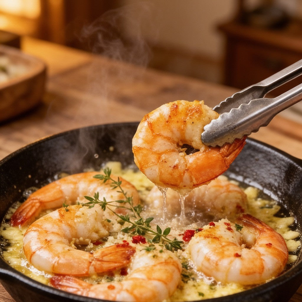 White prawns searing in a pan with garlic and herbs, turned with tongs