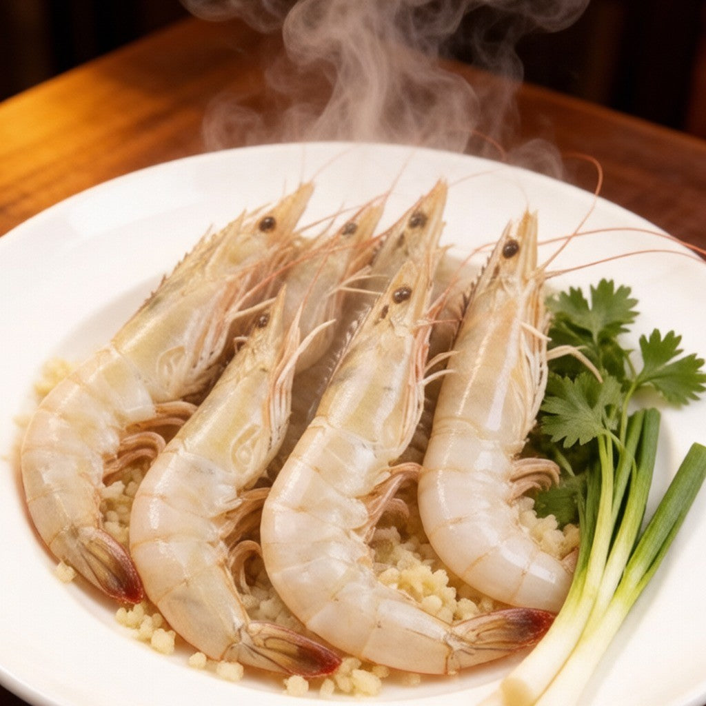 Steamed white prawns plated with spring onion and coriander