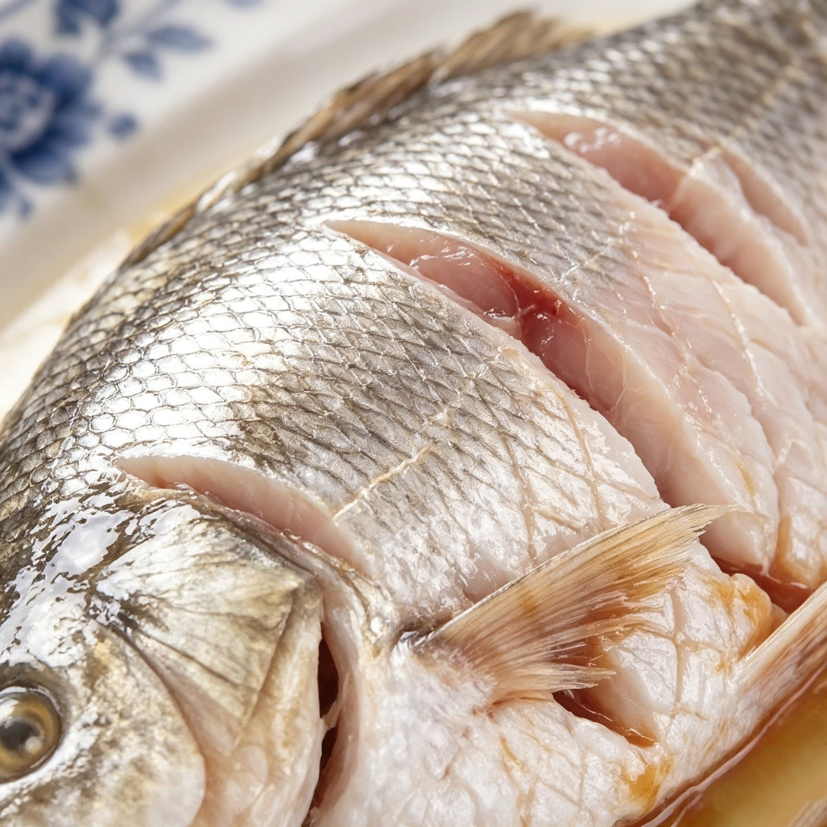 Raw whole sea bass with silvery skin and scored slits, close up