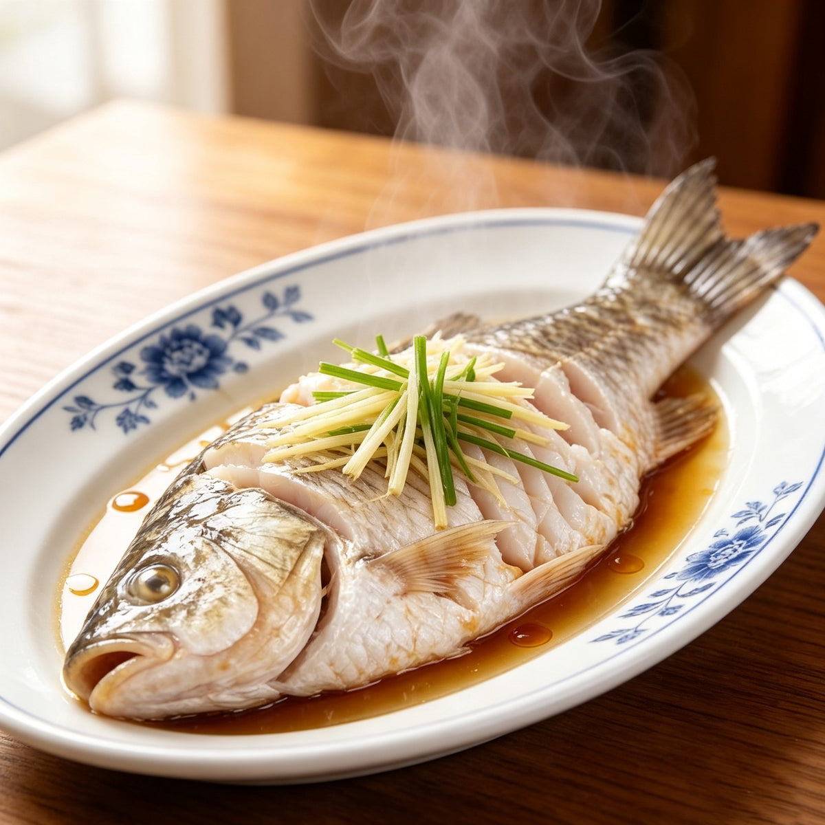 Steamed whole sea bass dressed with soy and spring onion on a blue plate