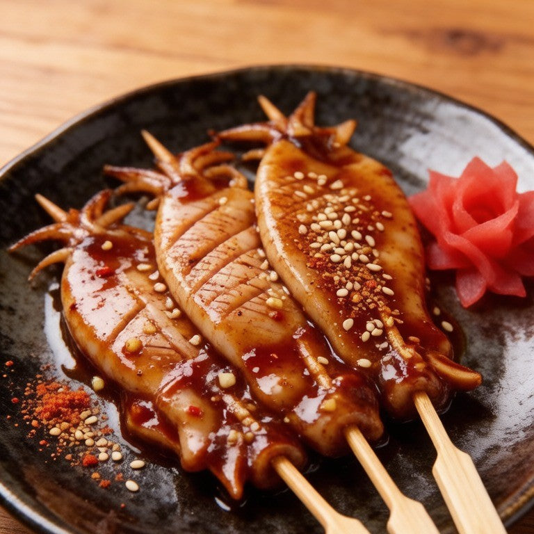 Glazed squid skewers fanned on a dark plate with a shiso leaf and pickled garnish
