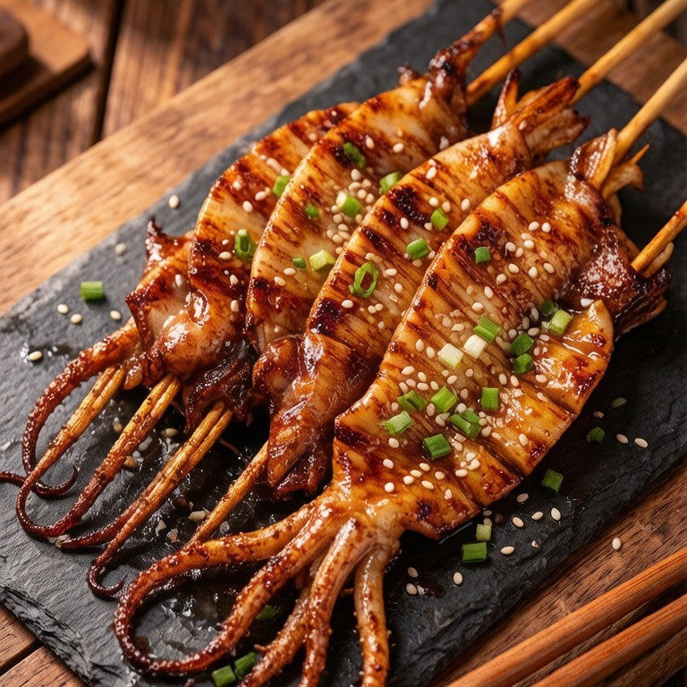 Charred squid skewers on a slate board brushed with glaze and scattered with sesame