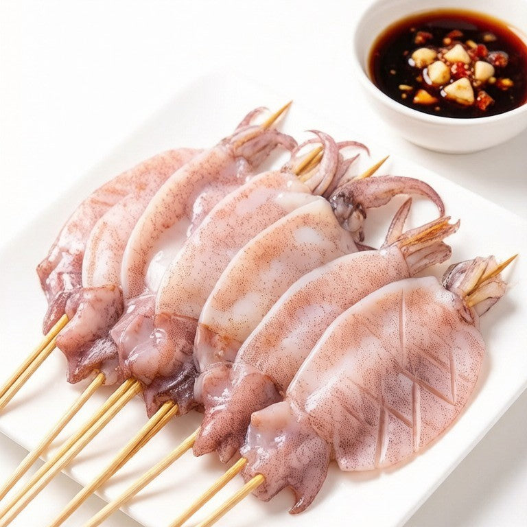 Raw scored squid bodies threaded onto bamboo skewers on a white plate with dipping sauce